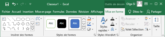 Outils de dessin dans Excel 2016