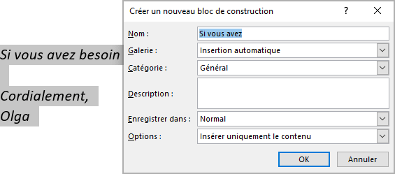 Créer un nouveau bloc de construction dans Word 365