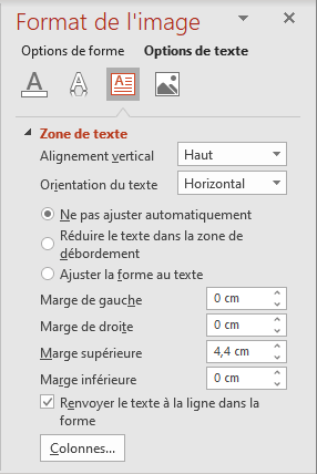 Différentes marges dans Format de la forme PowerPoint 365