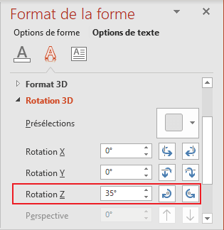 Rotation Z dans Format de la forme PowerPoint 2016
