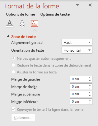 Marges du texte dans le volet Format de la forme PowerPoint 2016