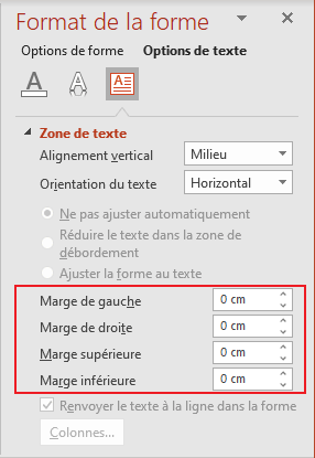 Marges du texte dans le volet Format de la forme PowerPoint 365