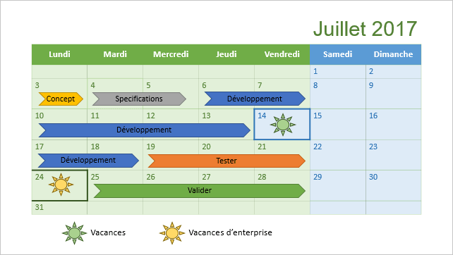 Un calendrier du projet dans PowerPoint 2016