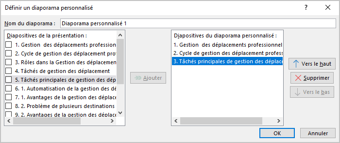 Diapositives du diaporama personnalisé dans PowerPoint 365