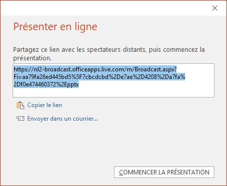 Le lien dans Présenter en ligne PowerPoint 2016