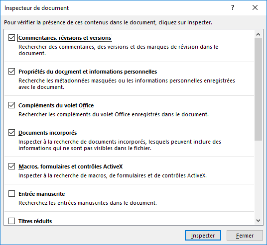 Inspecteur de document dans Word 2016