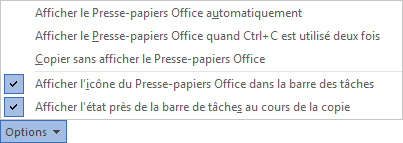 Options dans Presse-papiers Office 2016