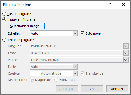 La boîte de dialogue Filigrane imprimé dans Word 365