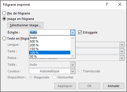 La boîte de dialogue Filigrane imprimé 2 dans Word 365