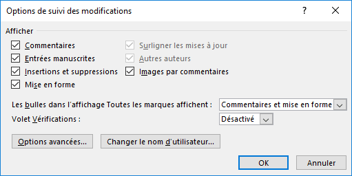 Options de suivi des modifications dans Word 2016