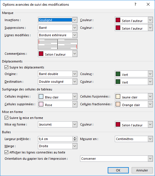 Options avancées de suivi des modifications dans Word 2016