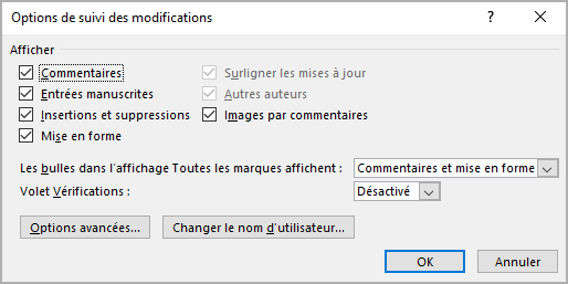 Options de suivi des modifications dans Word 365