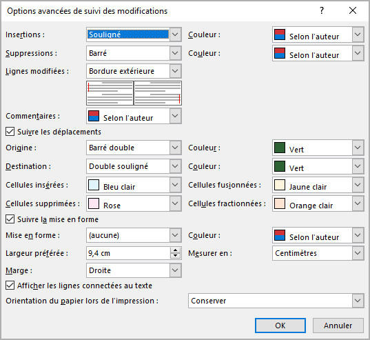 Options avancées de suivi des modifications dans Word 365