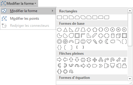 La liste déroulante Modifier la forme dans Excel 2016