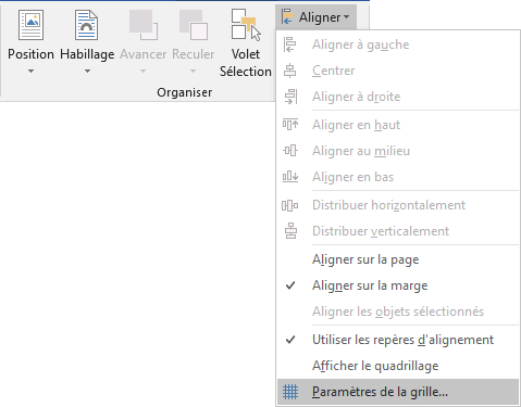 Paramètres de la grille dans Word 2016