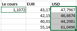 Les résultats dans Excel 2016