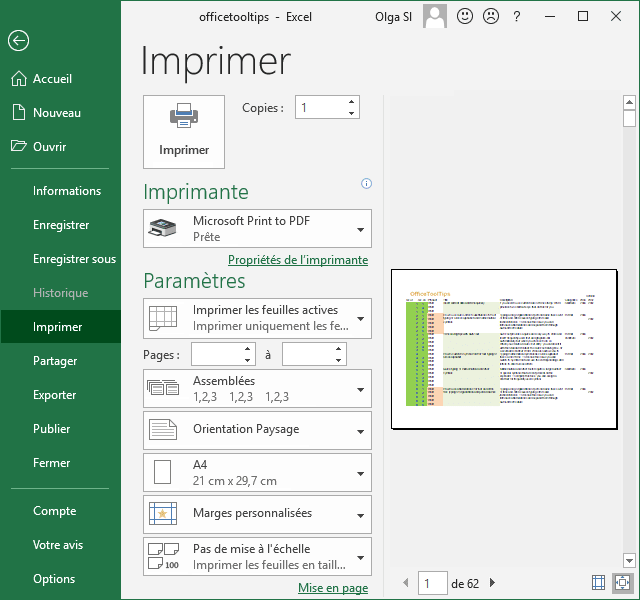 Imprimer dans Excel 2016