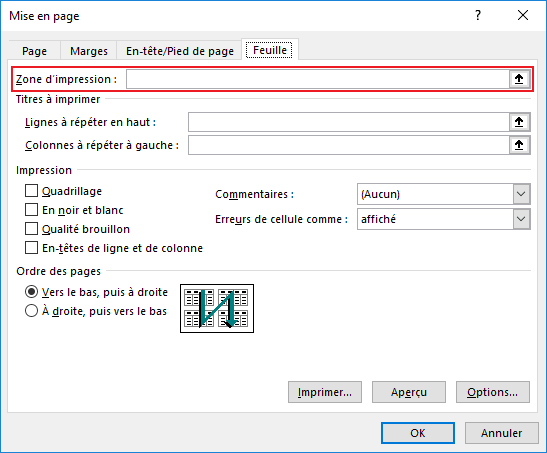 Zone d'impression dans la boîte de dialogue Mise en page Excel 2016