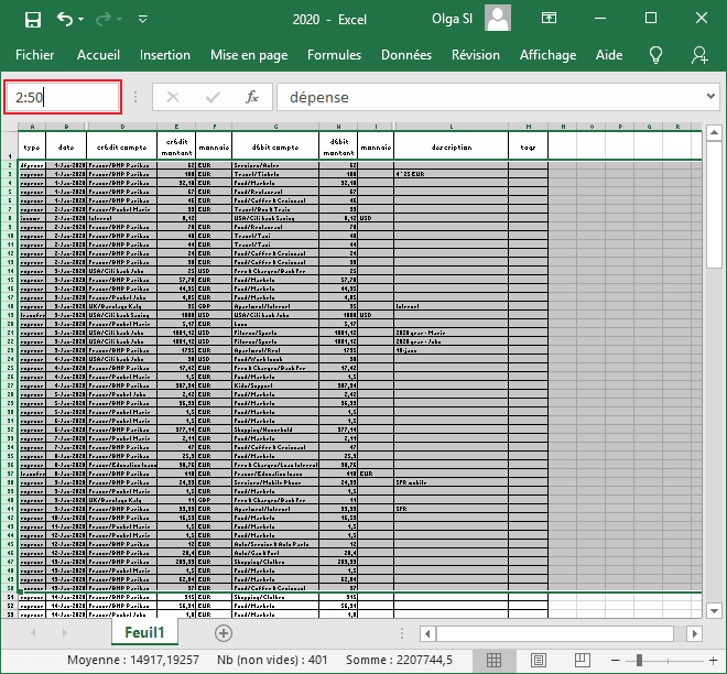Sélectionner des lignes complètes dans Excel 2016