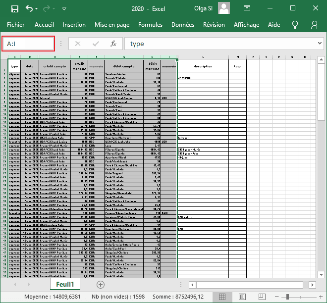 Sélectionner des colonnes complètes dans Excel 2016