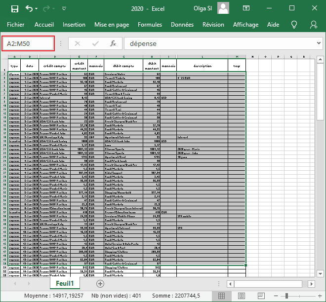 Sélectionner la plage de données dans Excel 2016