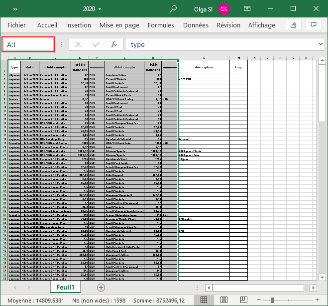 Sélectionner des colonnes complètes dans Excel 365