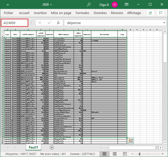 Sélectionner la plage de données dans Excel 365