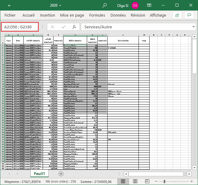 Sélectionner plusieurs plages de données dans Excel 365