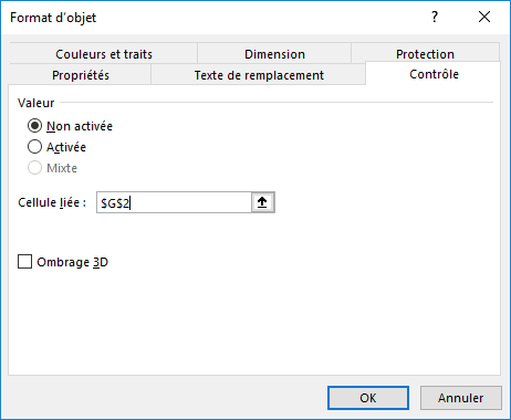 La boîte de dialogue Format d'objet dans Excel 2016