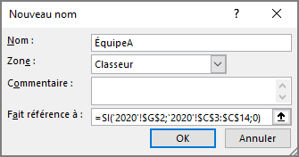 La boîte de dialogue Nouveau nom dans Excel 365