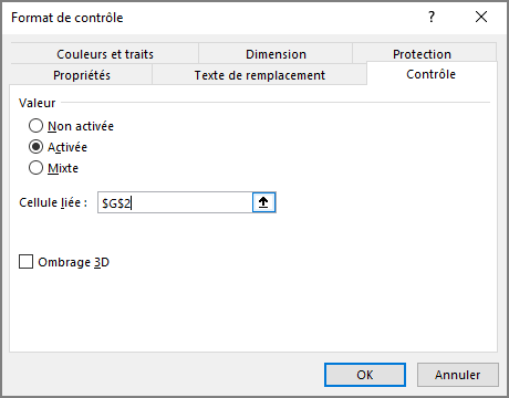 La boîte de dialogue Format de contrôle dans Excel 365