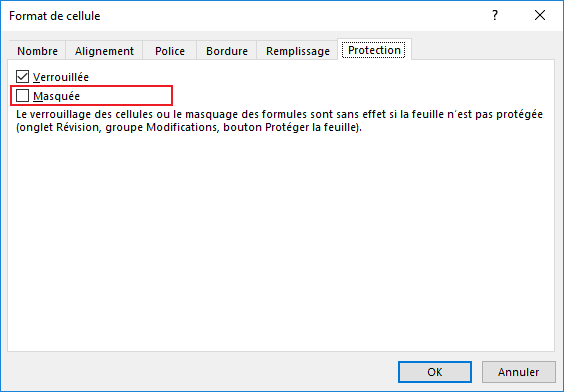 Masquée dans Format de cellule Excel 2016