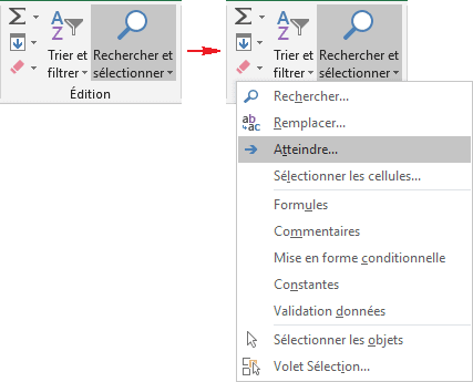 Atteindre dans Rechercher et sélectionner Excel 2016