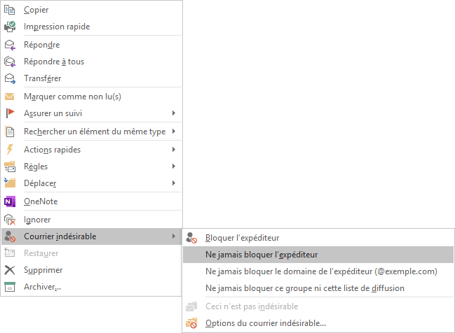 Ne jamais bloquer l'expéditeur dans le menu contextuel Outlook 2016