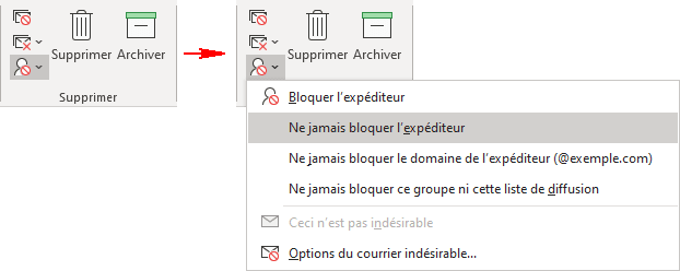 Ne jamais bloquer l'expéditeur dans Outlook 365