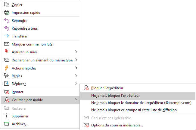 Ne jamais bloquer l'expéditeur dans le menu contextuel Outlook 365