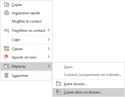 Copier dans un dossier dans le menu contextuel Outlook 365