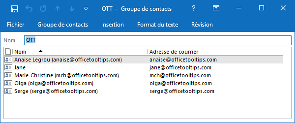 Le groupe de contacts dans Outlook 2016