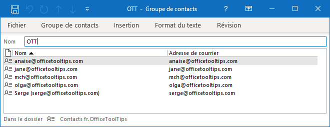 Le groupe de contacts dans Outlook 365