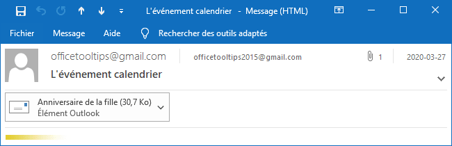 Le courriel avec l'événement de calendrier dans Outlook 2016