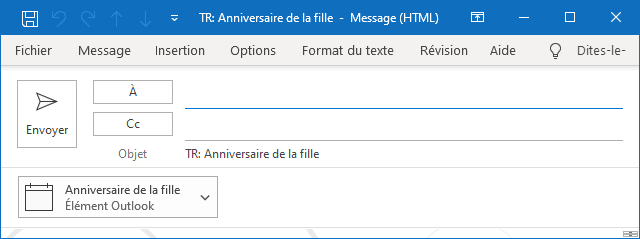 Le courriel avec l'événement de calendrier dans Outlook 365