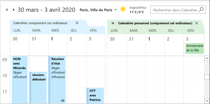 Deux calendriers dans Outlook 2016