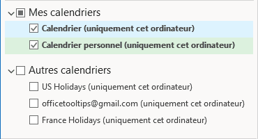 Mes calendriers dans Outlook 365