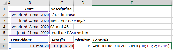 Exemple 2 de la fonction NB.JOURS.OUVRES.INTL dans Excel 365