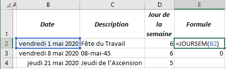 Exemple de la fonction JOURSEM dans Excel 2016
