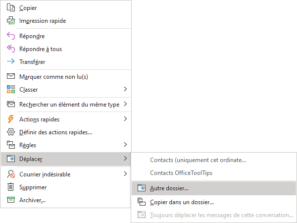 Déplacer dans le menu contextuel Outlook 365