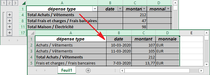Copier des sous-totaux calculés dans Excel 2016