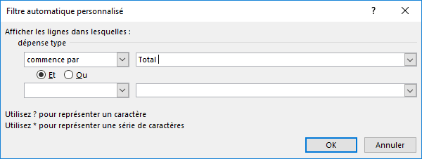 Filtre automatique personnalisé dans Excel 2016