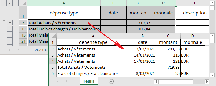 Copier des sous-totaux calculés dans Excel 365