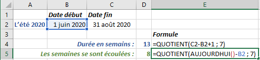 Un nombre de semaines complètes écoulées à partir dans Excel 2016
